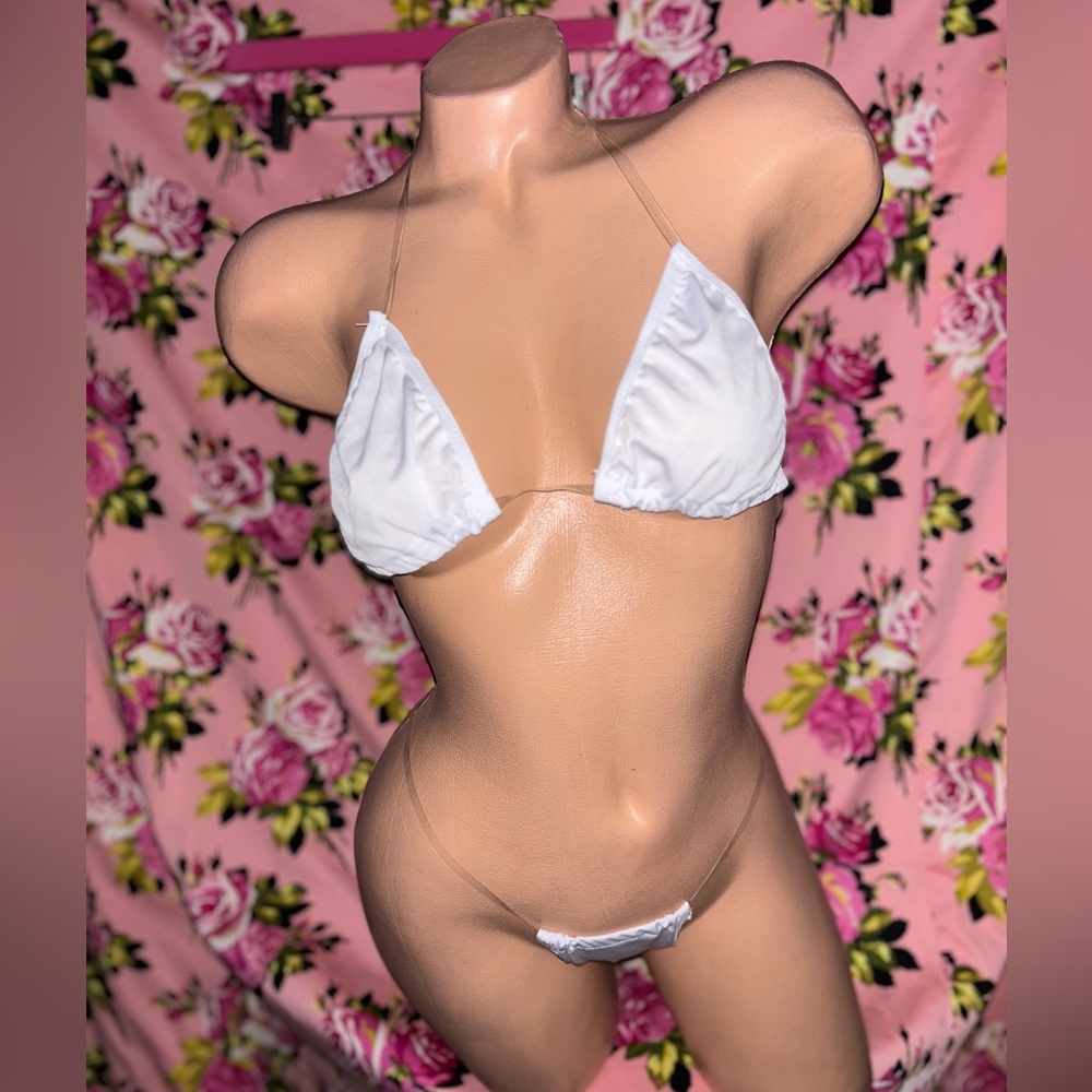 Clear strap white lingerie tie bikini bodysuit panty bra model swimsuit sexy F3